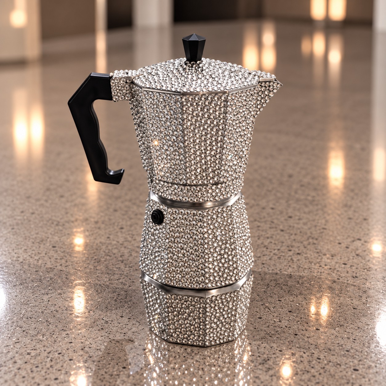 Silver moka pot covered in rhinestones, photographed against a warm reflective background
