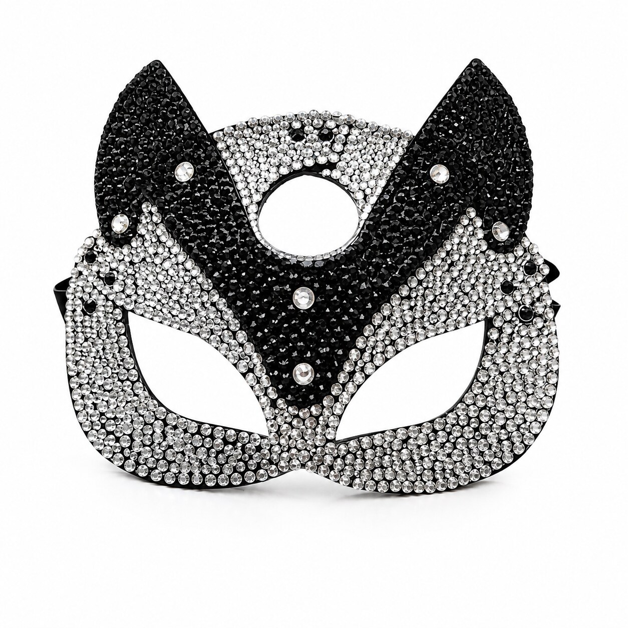 Black and silver crystal cat mask on a clean white background